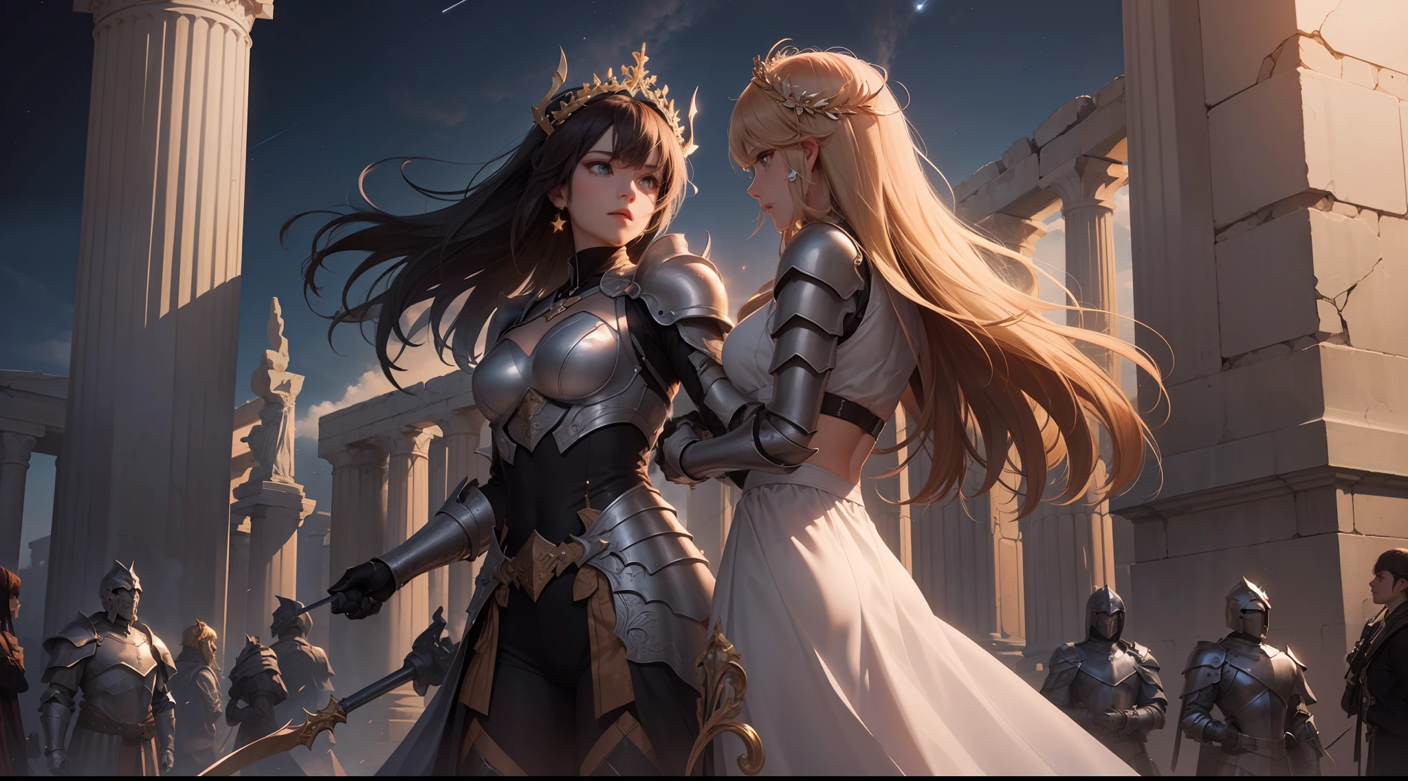 (Extremely detailed Cg Unity 8K wallpaper,Masterpiece, Best quality, Ultra-detailed, Beautiful detailed eyes:1.2),Best illumination, (Best shadow, An extremely delicate and beautiful, full bloom),
1girll,Solo,Large breasts，Heavy armor，complex patterns，Long hair,Film filter, Greek temple，dramatics，dynamicposes，illusory engine， (High detail: 1.9)，Starcloud，the night，torchan