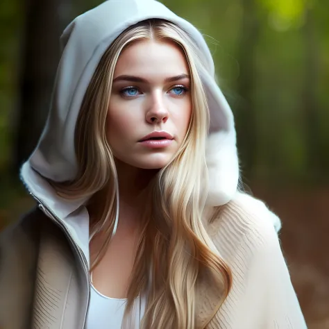 high weist image of  young blonde beautiful girl resilience, and beauty. Feyre's portrait should frame her face, allowing her captivating features to take center stage. Start with her  blue eyes, the windows to her soul. They are vibrant and expressive, re...