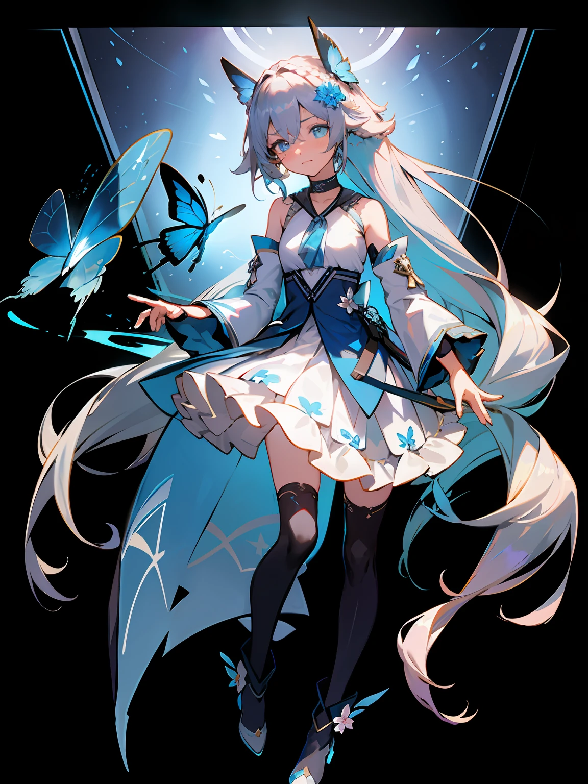 21charturnerv2,charturnbetalora,Shinkai sincerely,Kimi no Nava.,(fantasy:1.4), (azureblueeyes:1.233),Her eyes shone like dreamy stars,(Glowing eyes:1.233),(Beautiful and detailed eyes:1.1),(Silver hair:1.14),(Messy hair,Very long hair,french braid,hair between eye,side locks), (+(bule hair flower:1.14)),(Chiffon dress,bule flower pattern in uniform)/=(army suit:1.24),(Detached sleeves,Wide sleeves),(Fingerless gloves),choker necklace,(miko thighhighs),high heels boots,(Expressionless,Closed mouth),(standing),Dreamy,soul,(Fluorescence),(flying translucent blue butterflies:1.15), [[Delicate fingers and hands:0.55]::0.85],(Detail fingers), full bodyesbian,Boolean themes,，Dreamy background