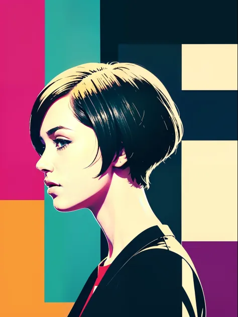 Short hair girl watch anime，pop-art，typographic，Vintage paper，trichotomy，Trends on ArtStation，Ultra HD solid color block There i...