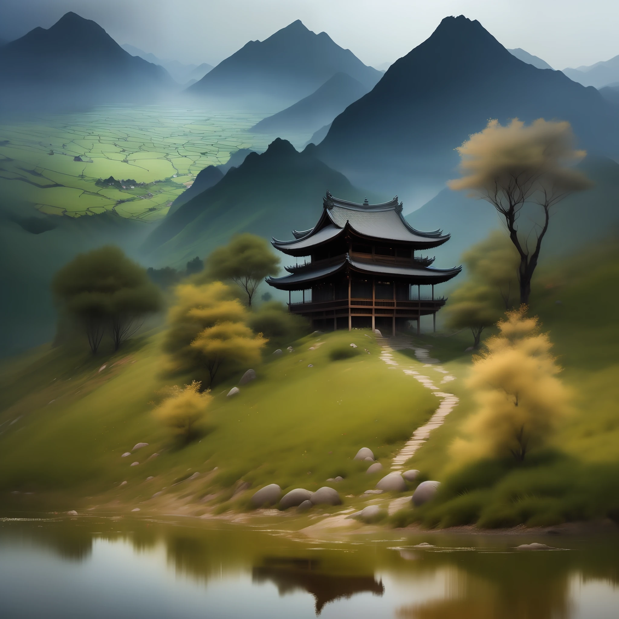 Mountains and mountains，夏天，Mountains, rocks, forests, and seas，Smoke and rain Gangnam，Pavilion Palace，Rain is everywhere，Clouds fluttering，Photorealsitic，Wonderland is ethereal，Chinese classical，Magnificent palace，