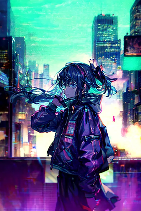 cyber punk Girl　futuristic cities　blows wind