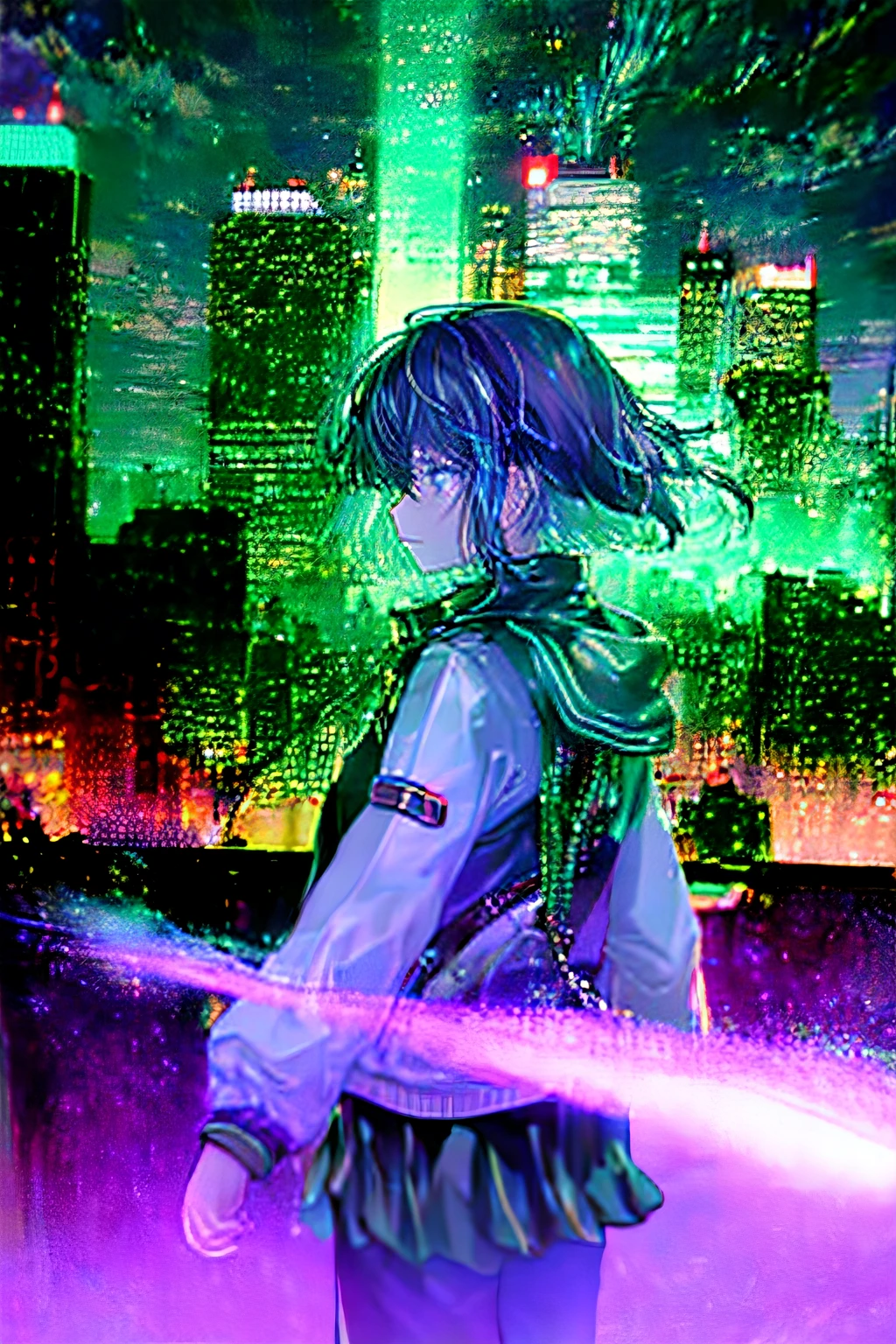 cyber punk Girl　futuristic cities　blows wind