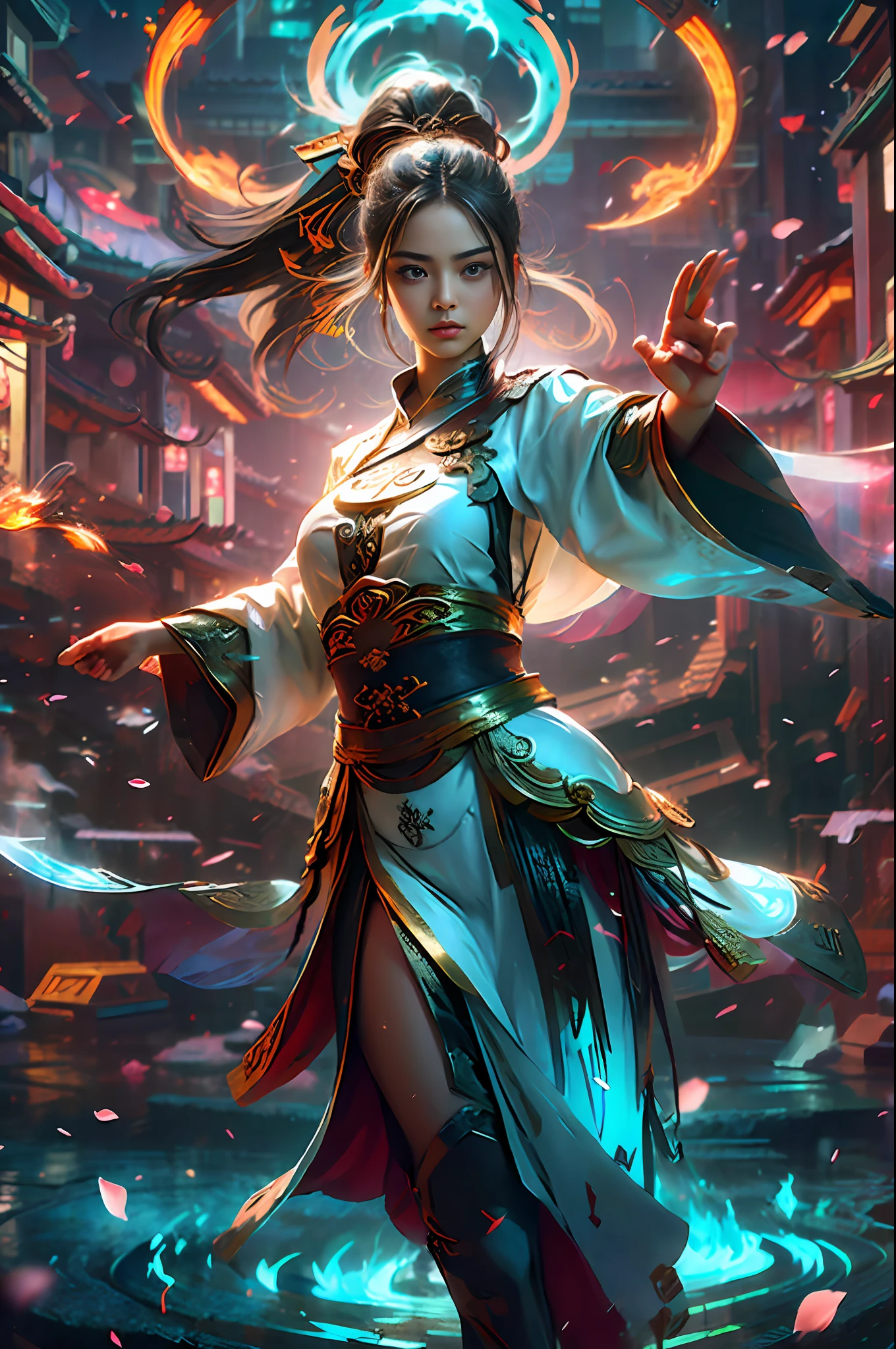 Dramatic sky, blue lightning Style: masterpiece, best quality, 8k, sharp focus, realistic, (detailed)), (around the flame, around the halo) ((dynamic pose)), ((good highlights), (perfect proportions), (dynamic), (complex), (complementary colors), good perspective, 1 young Chinese girl with a short sword in her hand, dancing forward and floating out petals,