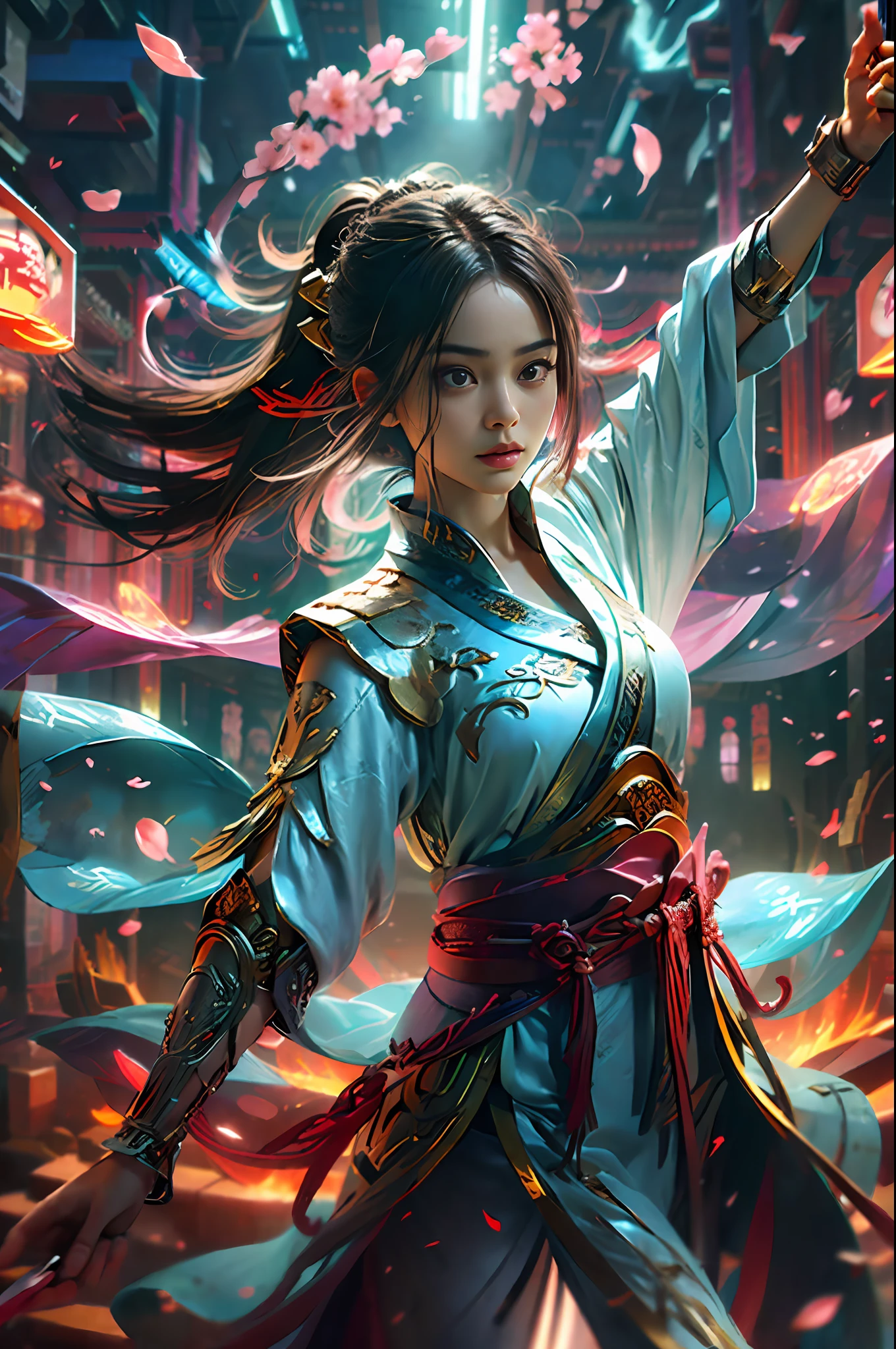 Dramatic sky, blue lightning Style: masterpiece, best quality, 8k, sharp focus, realistic, (detailed)), (around the flame, around the halo) ((dynamic pose)), ((good highlights), (perfect proportions), (dynamic), (complex), (complementary colors), good perspective, 1 young Chinese girl with a short sword in her hand, dancing forward and floating out petals,