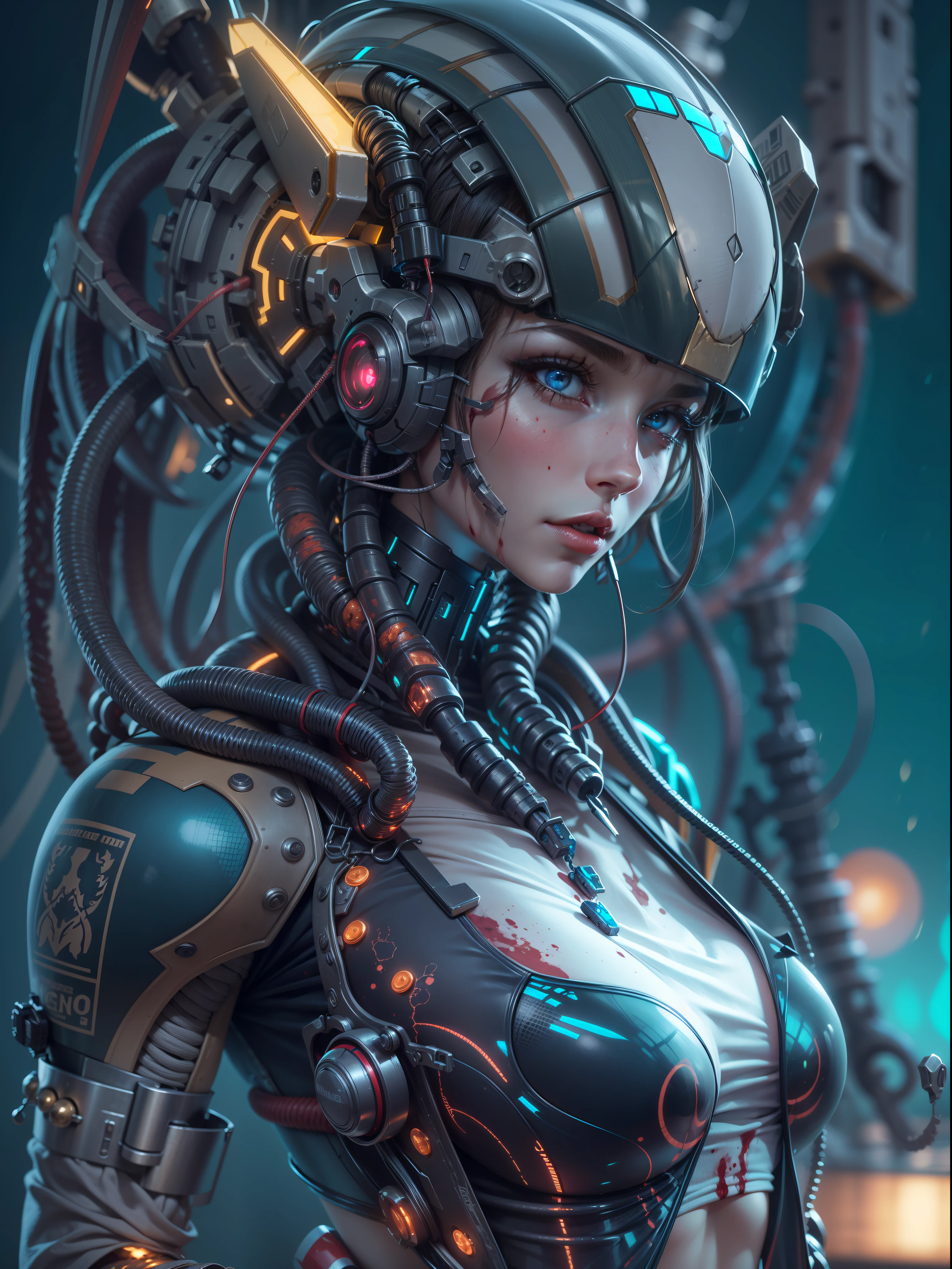 1mechanical girl,((ultra realistic details)), portrait, detailed face,global illumination, shadows, octane render, 8k, ultra sharp,metal,intricate, ornaments detailed, cold colors, egypician detail, highly intricate details, realistic light, trending on cgsociety, glowing eyes, facing camera, neon details, machanical limbs,blood vessels connected to tubes,mechanical cervial attaching to neck,wires and cables connecting to head,blood,killing machine,metroid, holding weapon, blue bodysuit, spaceship background