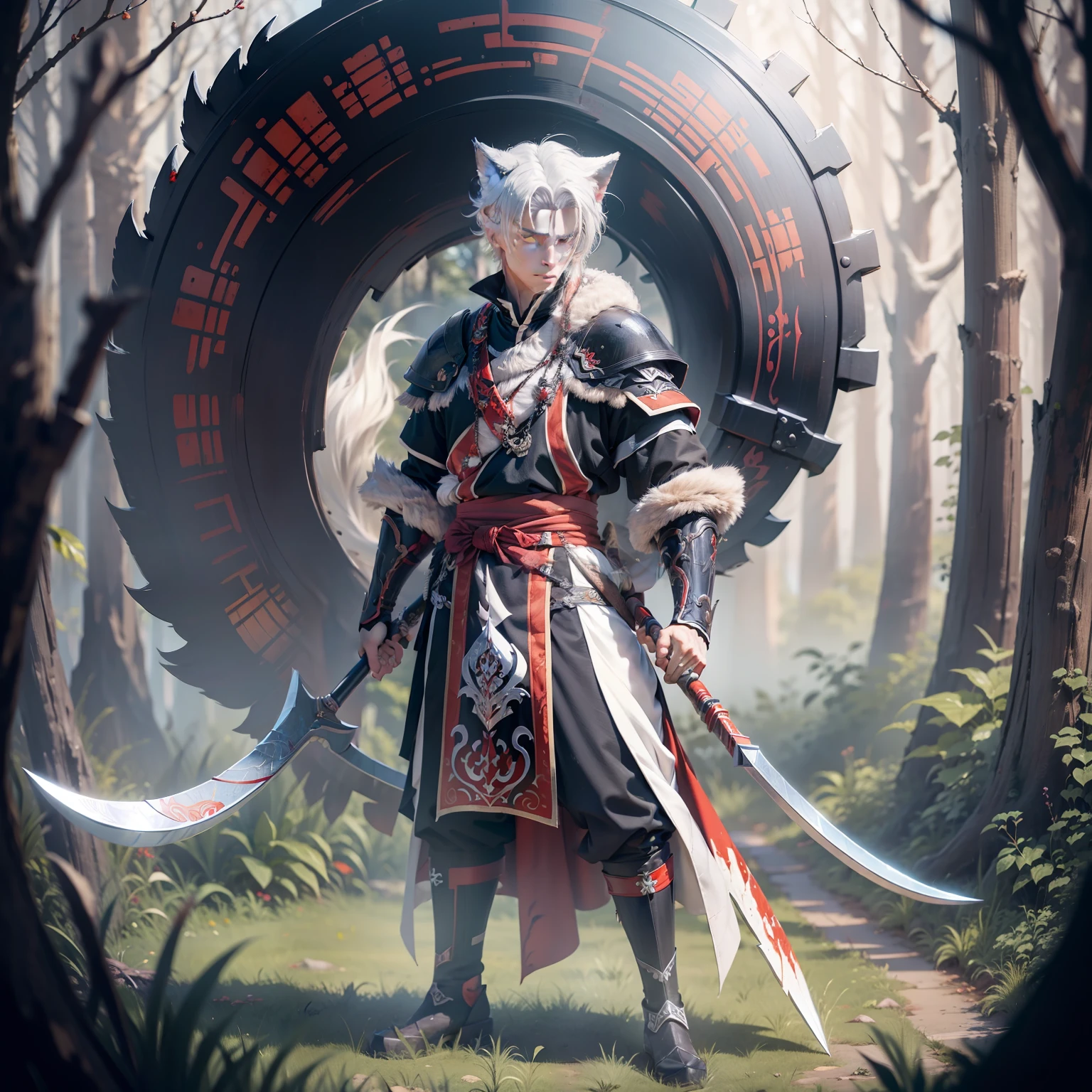 a boy in his 20s with platinum hair on his head with two white wolf ears and sapphire blue pupils along with a well-proportioned, slightly muscular body with a wolf tail on his body.  wearing a black full body armor with some white motifs in his hand holding an anime scythe in jet black and blood red with an intricate scythe, scythe design,  fictitious scythe, standing on a meadow behind a forest in the distance, inspired by sesshomaru in inuyasha (completed fingers, whole body)