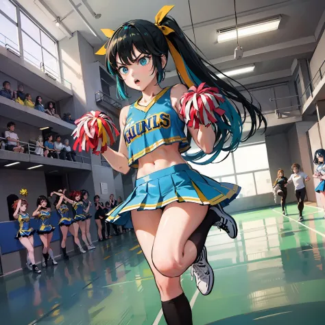 A dark-haired、Blue-haired、Lily、Short stature、angry expressions、((cheerleaders))、((two tone hair))、((poneyTail))、drooping eyes、St...