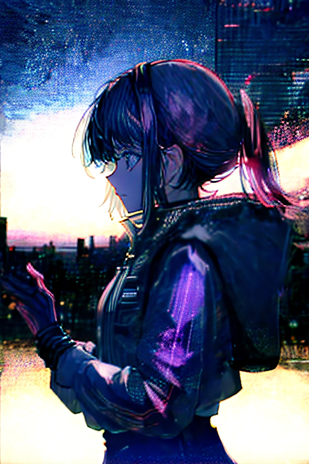 fille cyberpunk　villes futuristes　fille de profil