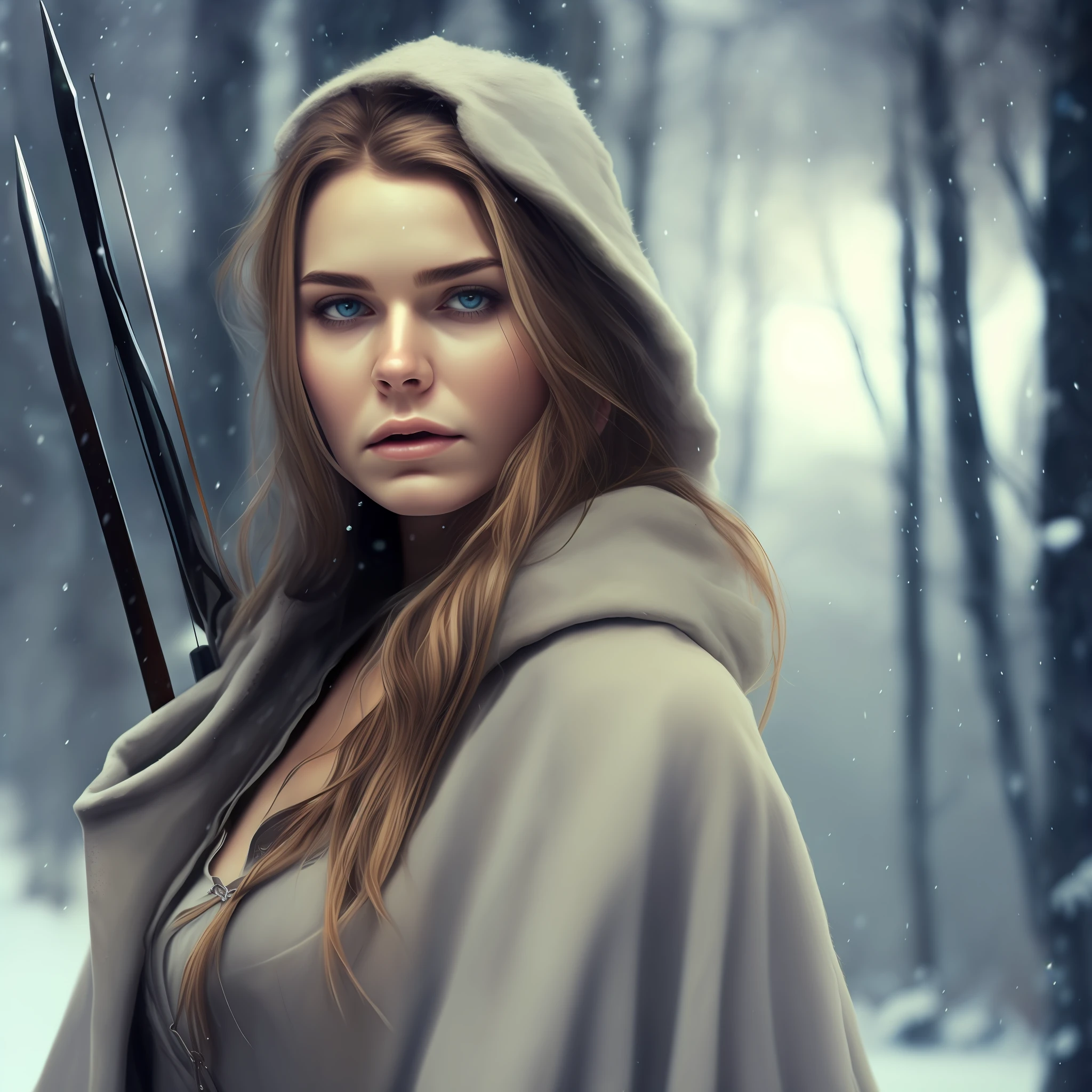 high weist image of  young blonde beautiful poor girl  Feyre's portrait should frame her face, allowing her captivating features to take center stage. Start with her  blue eyes, the windows to her soul. while her soft, full lips convey her capacity for love and compassion. Her long blonde, (wearing a old hoodcape) snow in woods background (wide angle lens) award winning,hd ,4k, hunter girl look(arow and bow in hand) determine expression(dirty, starving,poor) (cinematic look)(Archeres), hood, female, archery, brown hair, bonito, bow, arrow, fantasy, girl, raining, snow (snow )archer, long hair, HD wallpaper