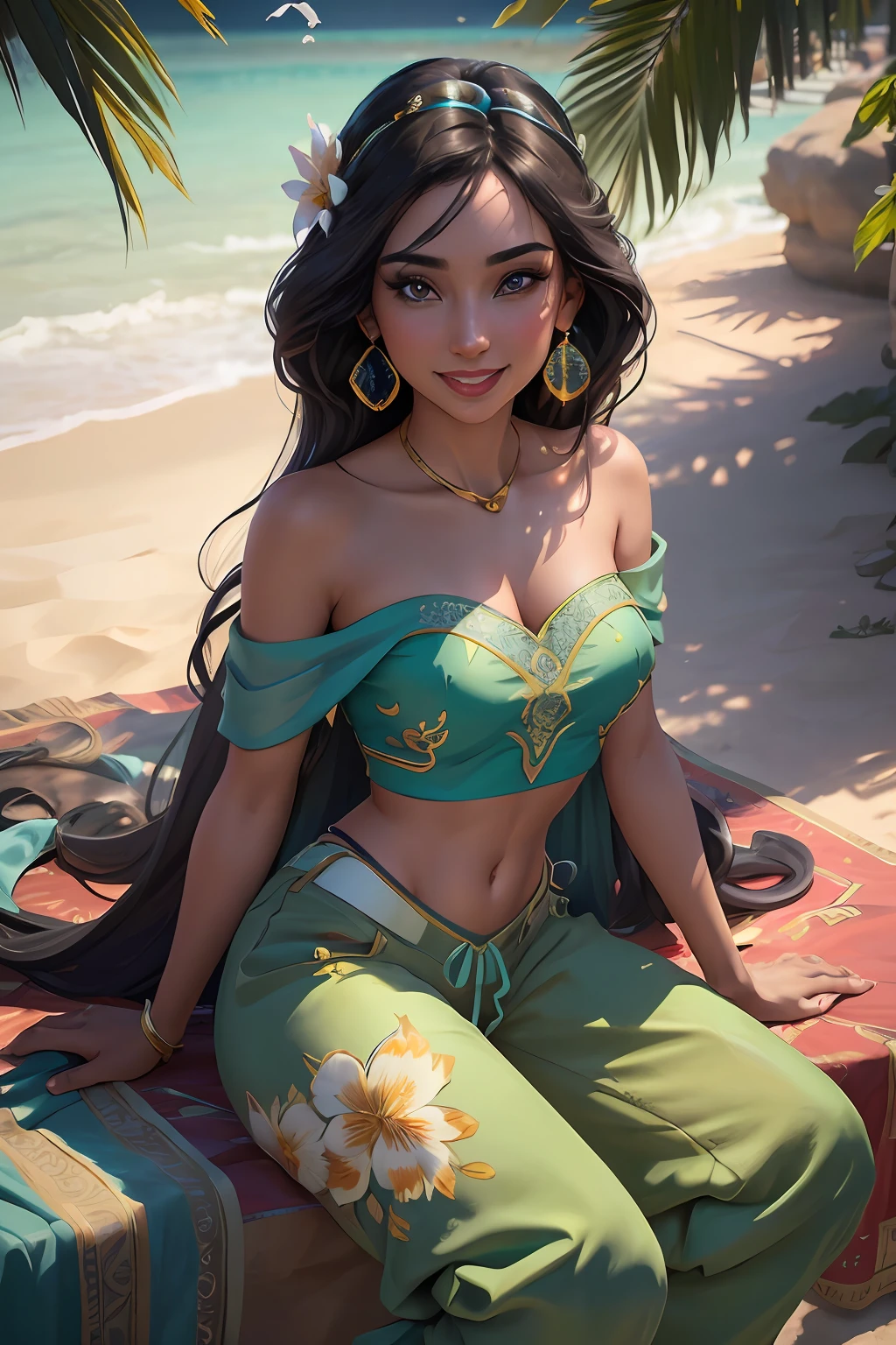 jasmine  1girl, solo, looking at viewer, smile, shirt, bare shoulders, jewelry, sitting on a spring, full body, flower, earrings, pants, off shoulder, crop top, makeup, bird, border, sun, mid day, off-shoulder shirt (realistic:1.2), (realism), (masterpiece:1.2), (best quality), (ultra detailed), (8k, 4k, intricate),(full-body-shot:1), (85mm),light particles, lighting, (highly detailed:1.2),(detailed face:1.2), (gradients), sfw, colorful,(detailed eyes:1.2)(detailed background),detailed landscape, (dynamic angle:1.2), (dynamic pose:1.2), (rule of third_composition:1.3), (Line of action:1.2)