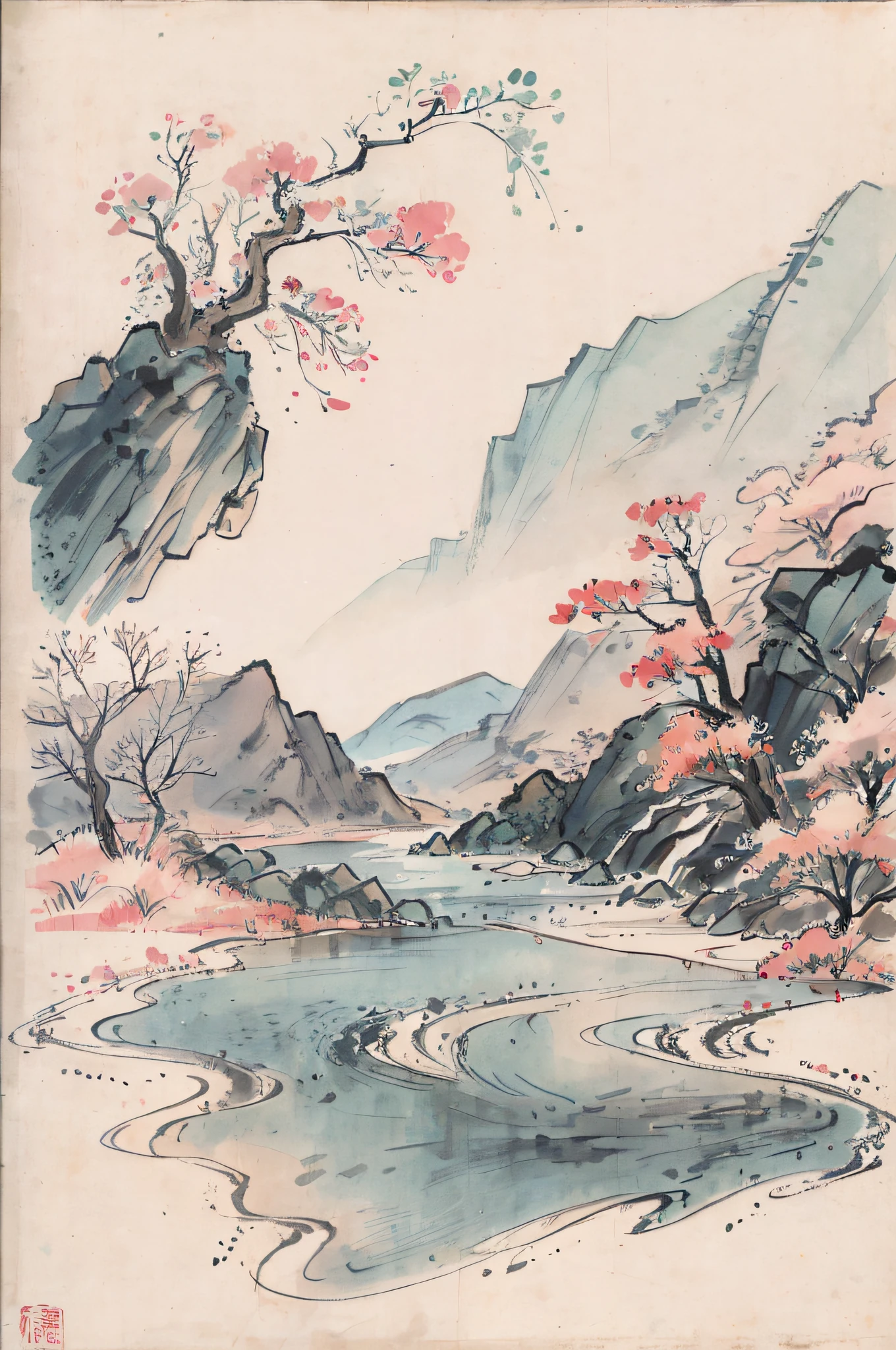 (Obra de arte, melhor qualidade: 1.2), pintura a tinta tradicional chinesa, montanhas verdes, rios, composição simples