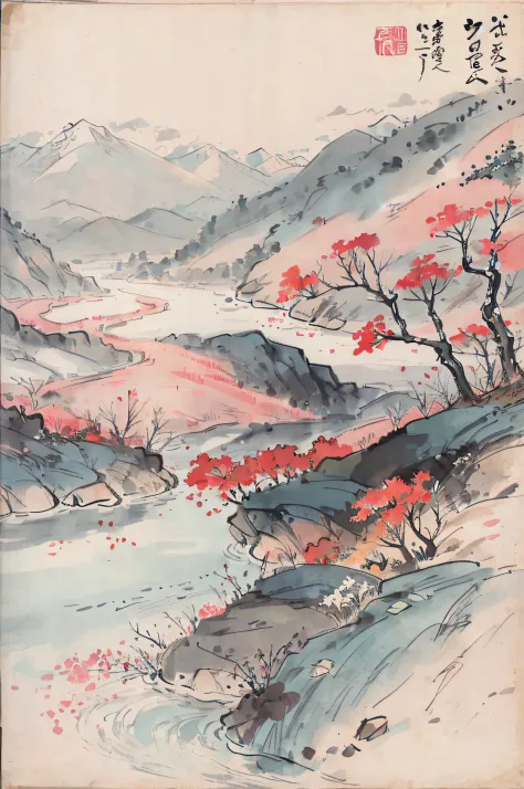 (Masterpiece, best quality: 1.2), traditional Chinese ink painting, green mountains, rivers, simple composition
