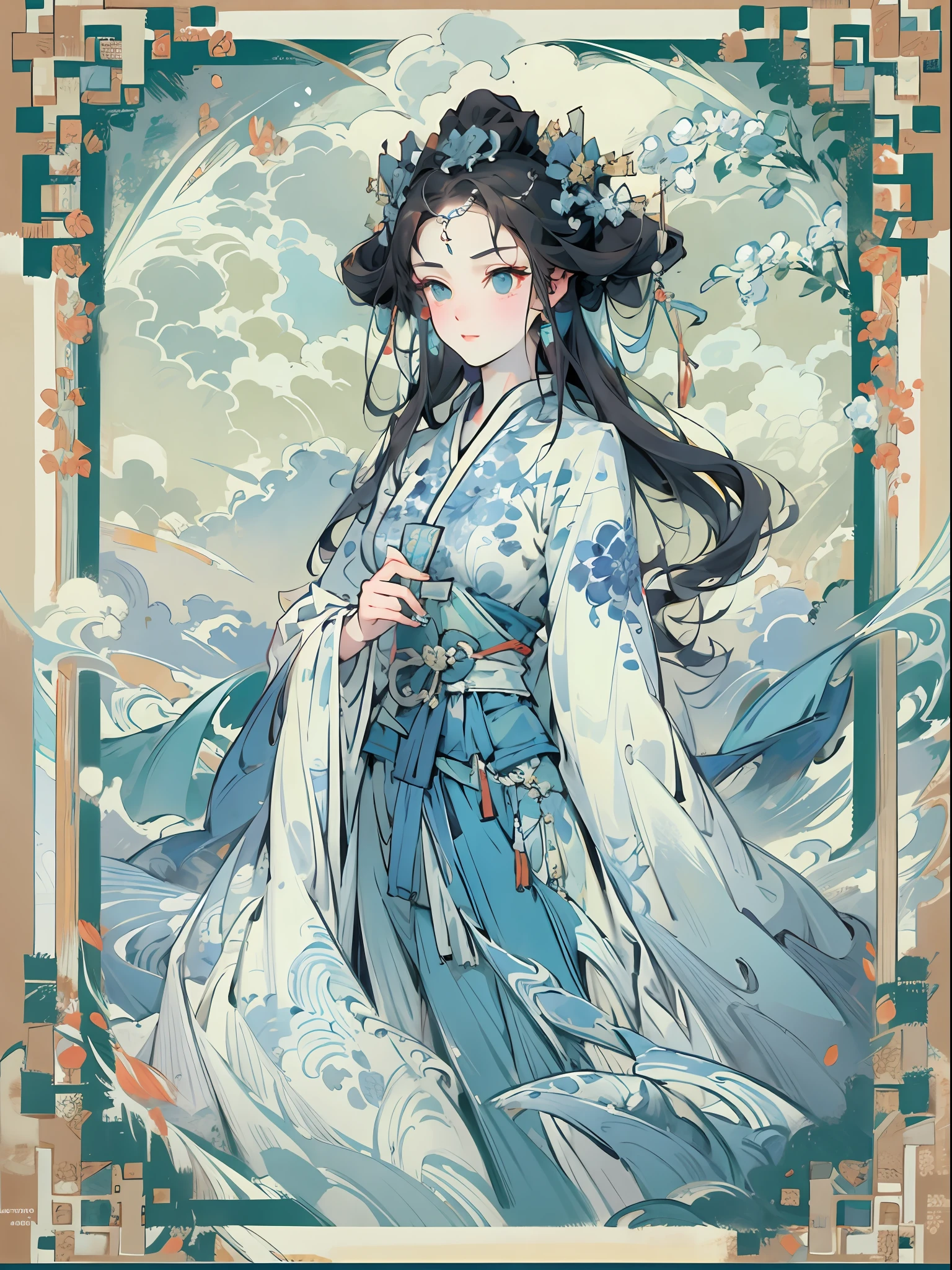 （（tarot design:1.5, ﻿rotationalsymmetry)）, (Blue and white background:1.4),Romance of the Three Kingdoms, (Ancient Chinese characters，An ancient Chinese beauty，Xishi), wearing ancient Chinese costume，gossamer，Ink painting style，Clean colors，swell sea，Waves, splash of water，minimalistic composition, Delicate hairpins，dreamy glow，Conceptual digital art，Colorful，Vivid and bright colors，(Very detailed, reasonable design, Clear lines, High sharpness,Best quality, Masterpiece, 4K )