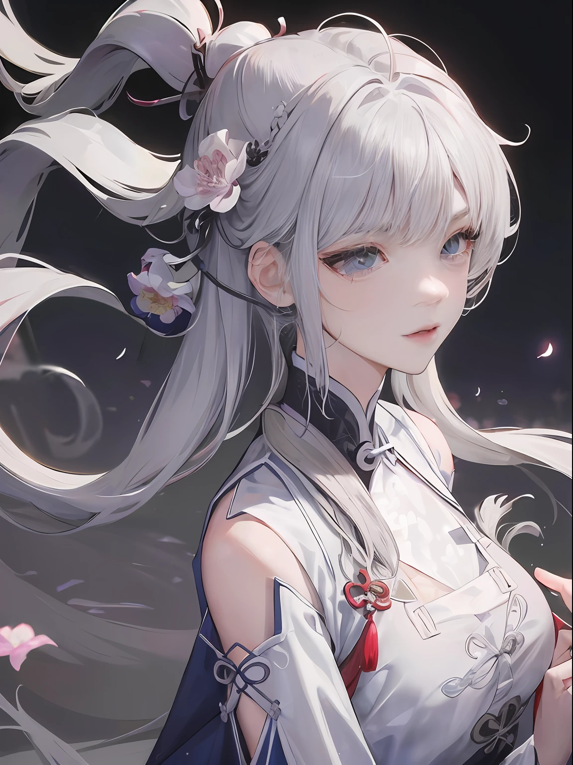 Masterpiece, Best quality, Night, full moon, 1 girl, Mature woman, Chinese style, Ancient China, sister, Royal Sister, Cold expression, Expressionless face, Silver white long haired woman, Light pink lips, calm, Intellectual, tribelt, Gray pupils, assassins, short knife, flower ball background, Stroll through the street view