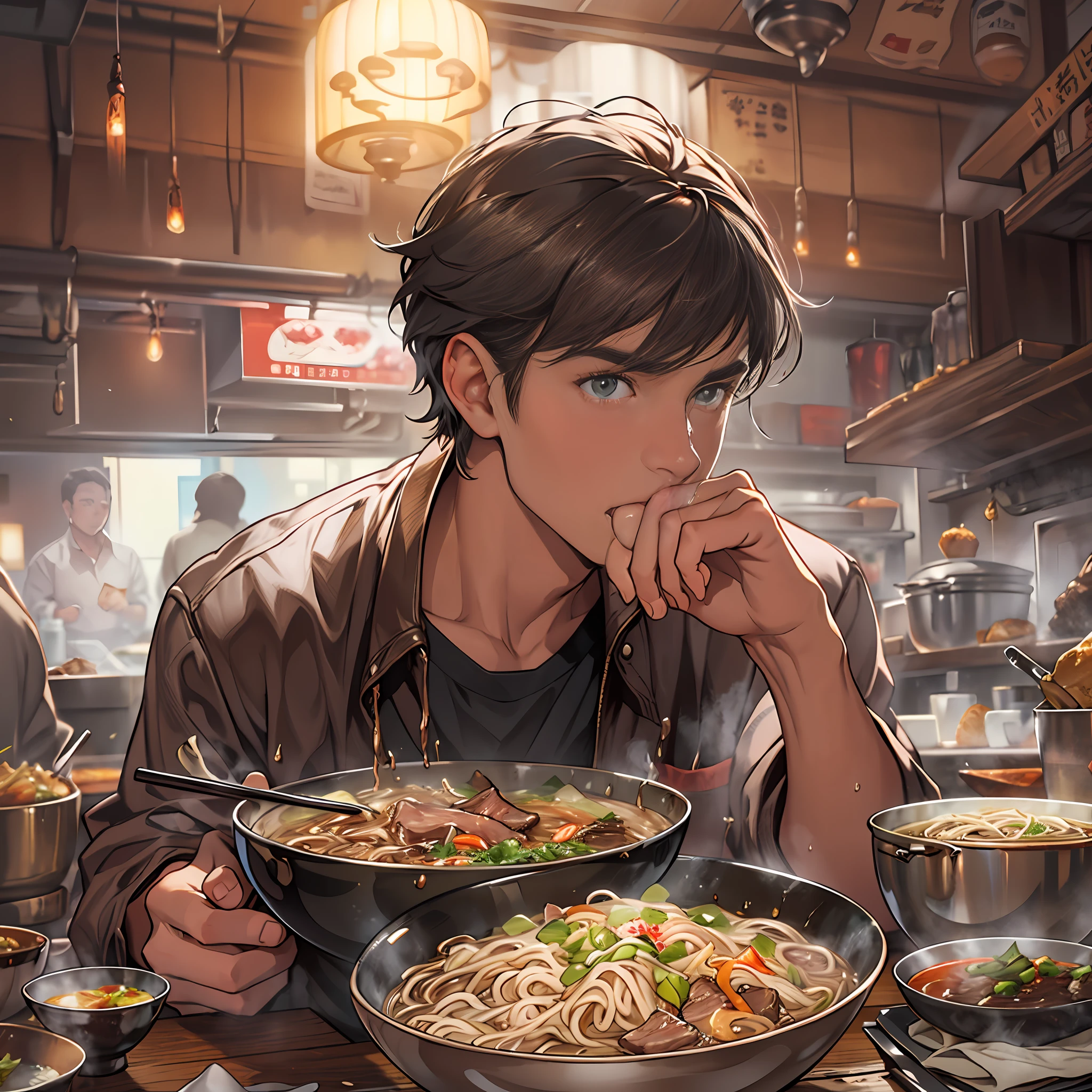 Anime boy eating noodles in a restaurant with a lot of food - SeaArt AI