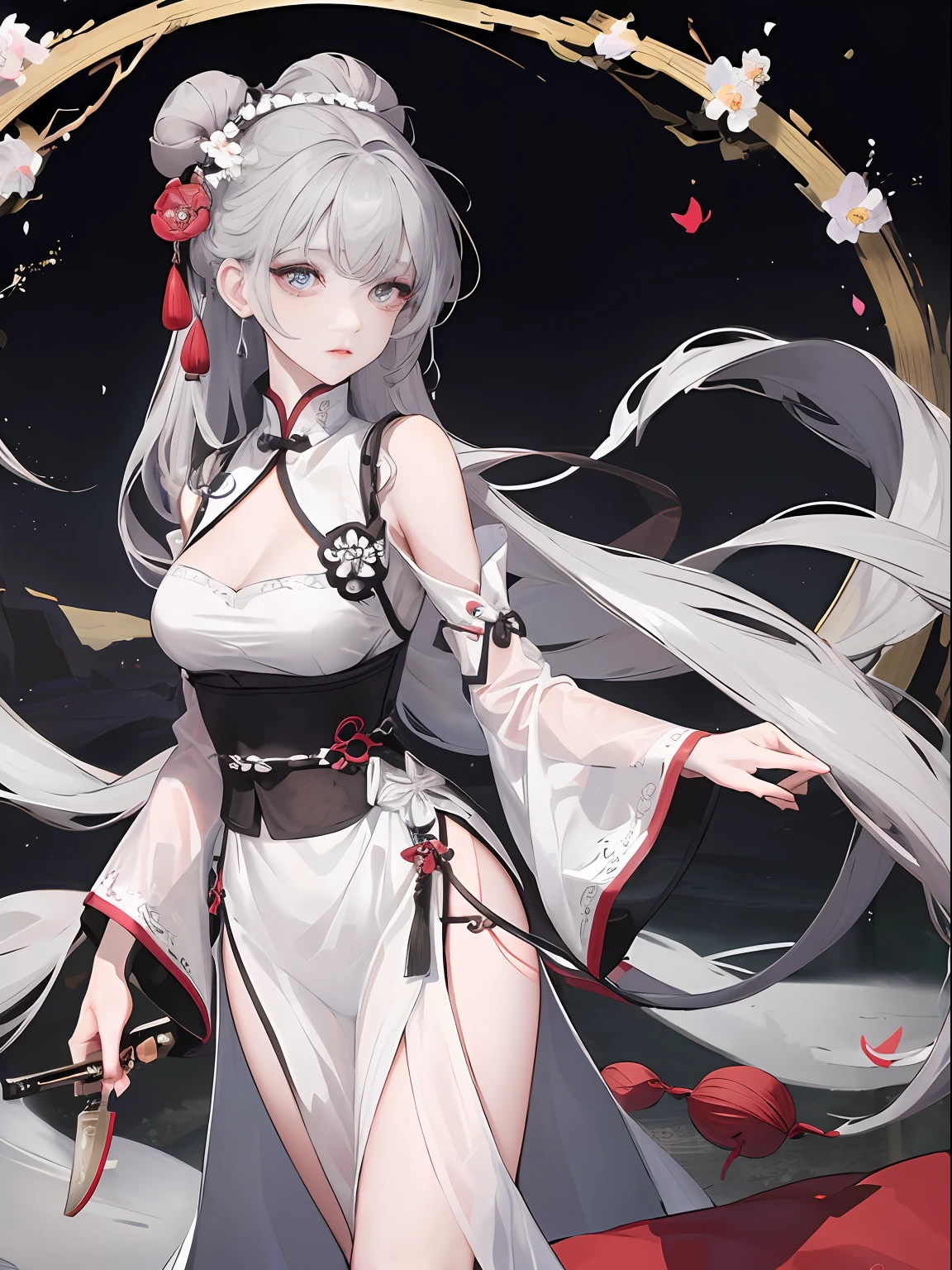 Masterpiece, Best quality, Night, full moon, 1 girl, Mature woman, Chinese style, Ancient China, sister, Royal Sister, Cold expression, Expressionless face, Silver white long haired woman, Light pink lips, calm, Intellectual, tribelt, Gray pupils, assassins, short knife, flower ball background, Stroll through the street view，full bodyesbian