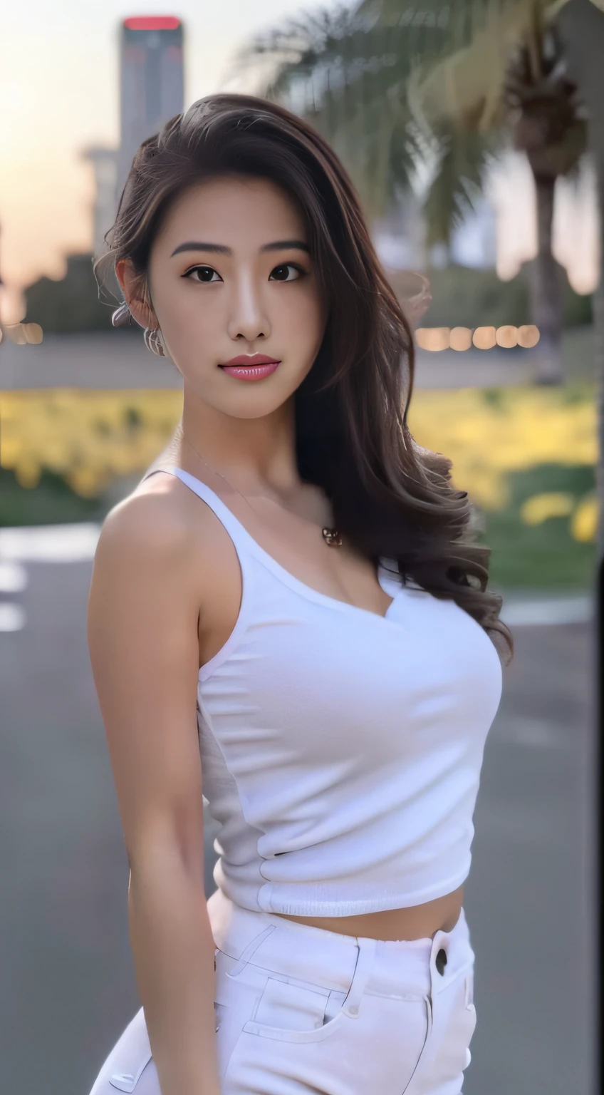 Photo Quality、An ultra-high picture quality、8K、32K、Summer cityscape、(top-quality、​masterpiece:1.2)、25 year old beautiful girl walking in the city、White sleeveless shirt、blue skinny jeans、、sony a7,3.Shooting with a 5mm lens、F 1.8 openings、Lighting Glow Effect、No retouching、Realistic raw photos、The skin texture is very detailed、without makeup、Background lighting is yellow、Good Style、Tall girls、ssmile、Peach butt