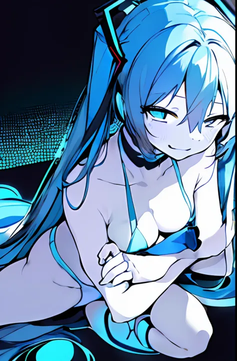 ​masterpiece, 1girl in, miku hatsune, A smile, a closeup, full body Esbian, (monochromes:0.8), Blue stains,dynamicposes、Arms behind、Facing the front、valley