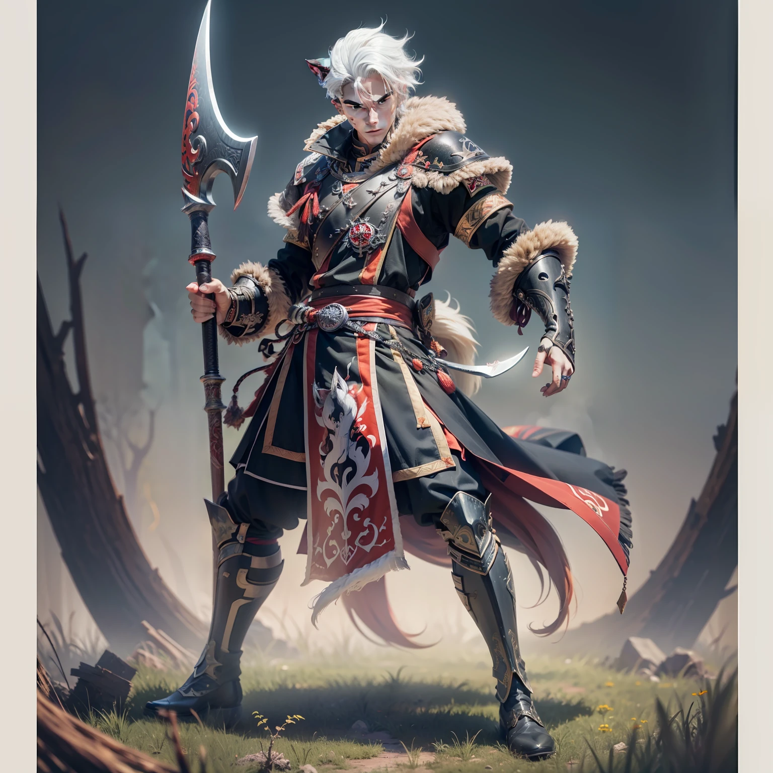 Medium photo, full body, sharp, sharp, boyish strokes (Best illustration), a guy in his 20s with platinum hair on his head with 2 white wolf ears and big eyes with blue pupils  jade, with a muscular body with a wolf tail on it, is wearing a black full body armor with some white motifs, holding a jet black and red anime scythe  like blood with intricate scythe design, scythe, fictional scythe, standing on a meadow behind a forest in the distance, 8k resolution, Intricate detail, Best quality, Realistic  , Extremely detailed, Best light, Best shadow, Ultra HD, BREAK A Necromancer, Beautiful face, tyndall effect, realistic photo, (high detailed skin : 1.2), 8k uhd, dslr,  high quality, Photo, high resolution, (extremely detailed), 8k, Bokeh, tall, mature body (whole fingers, full body),