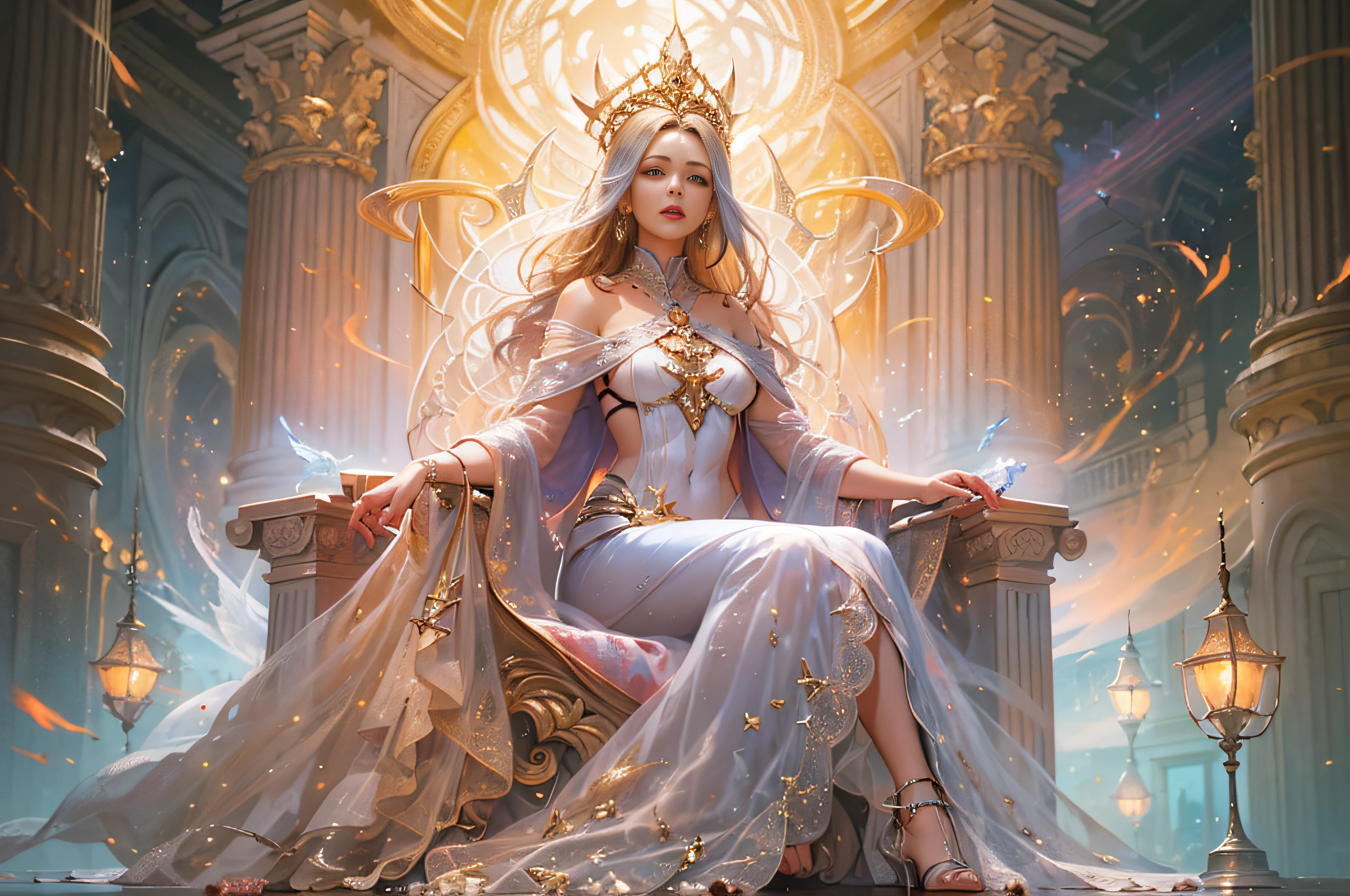 ((a very beautiful woman)),(in a heavenly dress),((sitting on her throne)):1.4,radiates power,there is a magical.mystical aura in the atmosphere