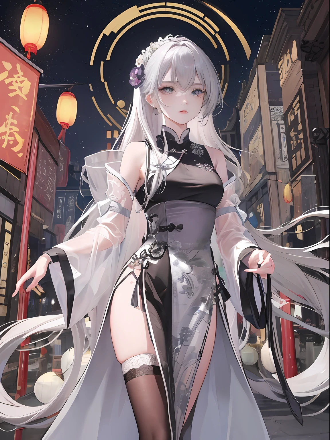 Masterpiece, Best quality, Night, full moon, 1 girl, Mature woman, Chinese style, Ancient China, sister, Royal Sister, Cold expression, Expressionless face, Silver white long haired woman, Light pink lips, calm, Intellectual, tribelt, Gray pupils, assassins, short knife, flower ball background, Stroll through the street view，White stockings