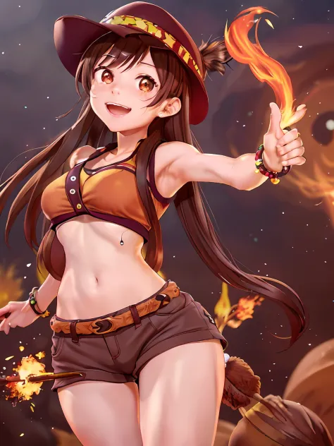 brown hair, hat, shorts, dark brown attire, beads bracelets, cheerful big breasts, smiling，walnuts，quadratic element，kizi，vulcan...