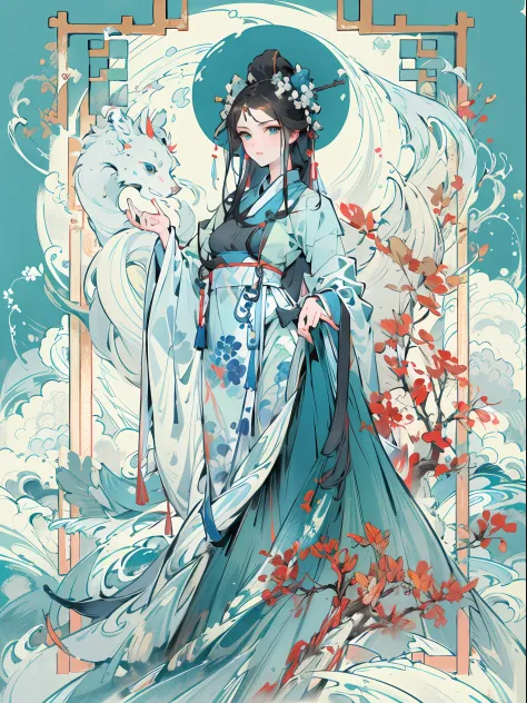 （（tarot design:1.5, ﻿rotationalsymmetry)）, (blue and white background:1.4),romance of the three kingdoms, (ancient chinese chara...