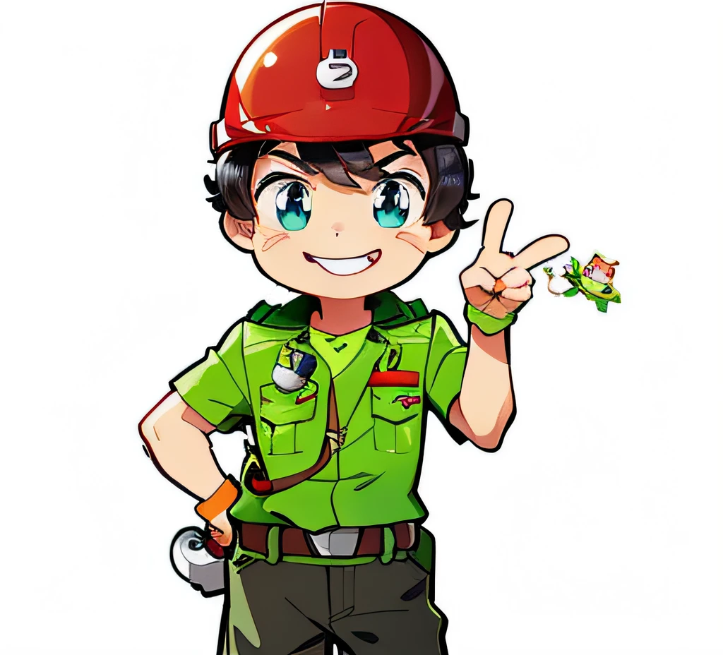 Um garoto dos desenhos animados usando um capacete vermelho e uma camisa verde, garoto escoteiro, Cute Personagem de desenho animado, estilo cartoon, um personagem animado, imagem de desenho animado, Estilo de arte de desenho animado, design de personagens de alta qualidade, desenho de desenho animado, Personagem de desenho animado, ilustração dos desenhos animados, design de personagens profissionais, desenho animado 2D, Uniforme escolar JK, desenho animado 2D, Ren Heng, ilustração oficial do personagem, adesivos telegráficos