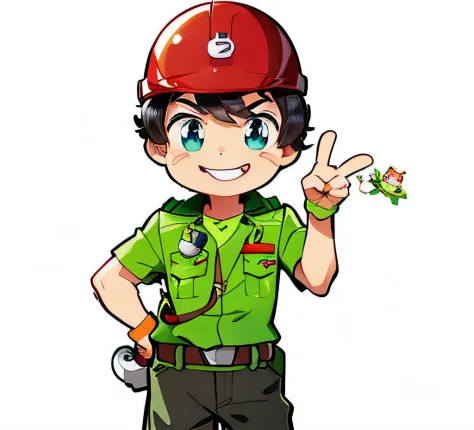 A cartoon boy wearing a red helmet and a green shirt, scout boy, Cute cartoon character, cartoonish style, an animated character...