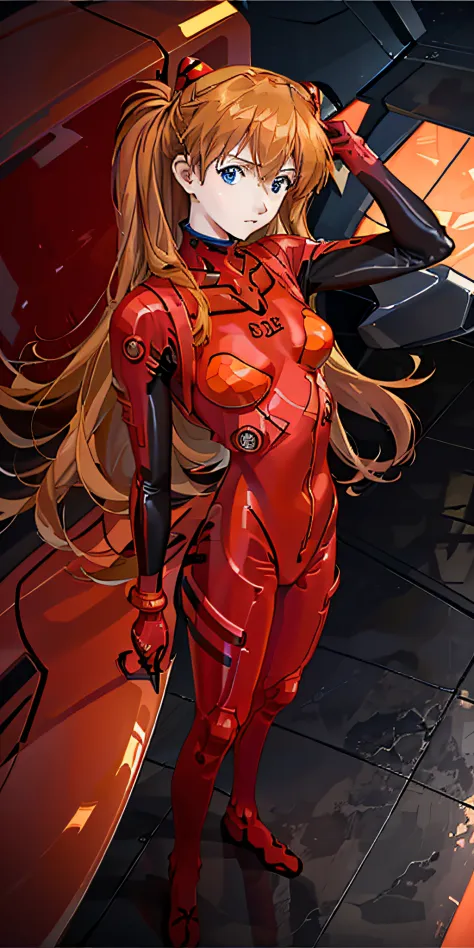 (Overhead view),dynamic angle,ultra-detailed, illustration, close-up, straight on, 1girl, 
 ((souryuu asuka langley, interface headset, red bodysuit:1.4, blonde)),Her eyes shone like dreamy stars,(glowing eyes:1.233),(beautiful and detailed eyes:1.1),(expr...