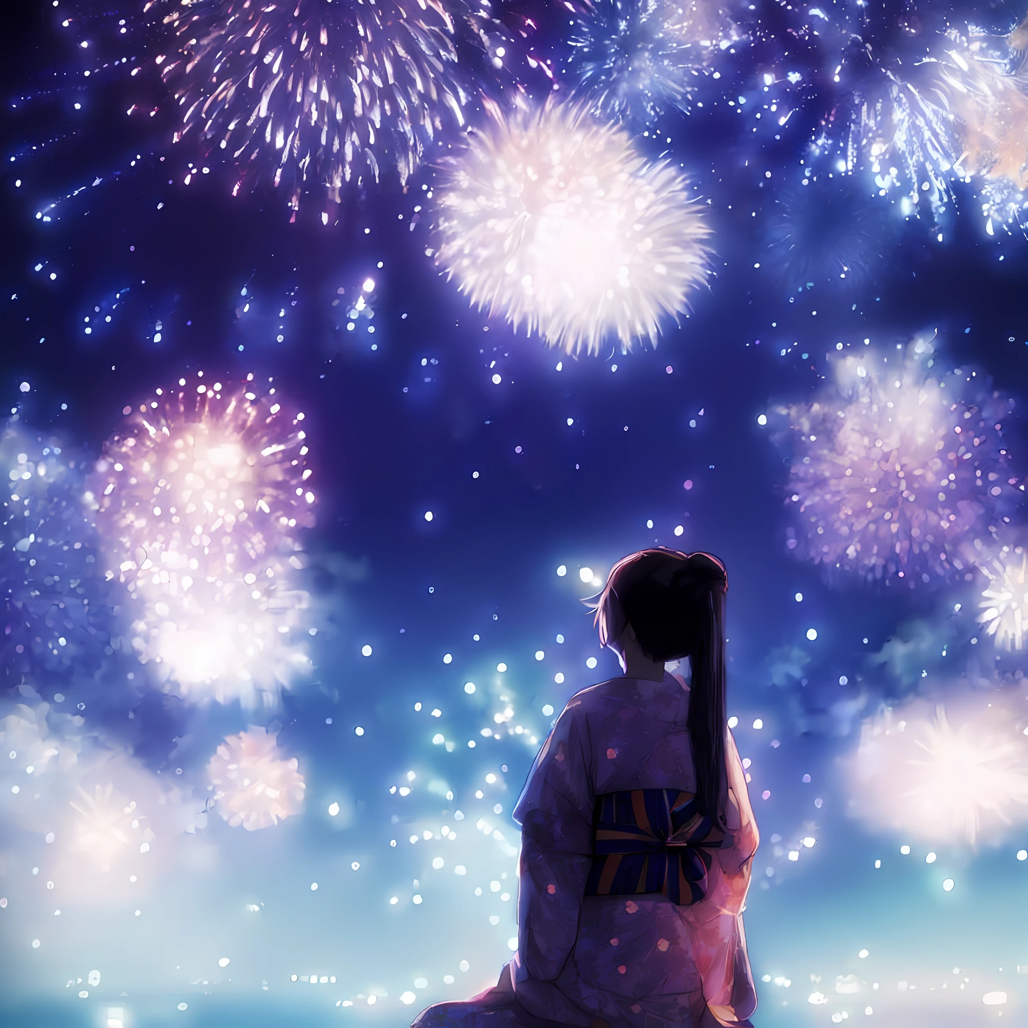 Fireworks are in the sky above a woman sitting on a bench, sparklers, [ Fireworks in the sky ]!!, Fireworks in the background, Happy!!!, Fireworks, anime beautiful peace scene, fireworks in background, Anime style mixed with Fujifilm, beautiful anime scene, 🚀🚀🚀, ( ( By Shinkai Makoto ) ), inspired by Itō Shinsui