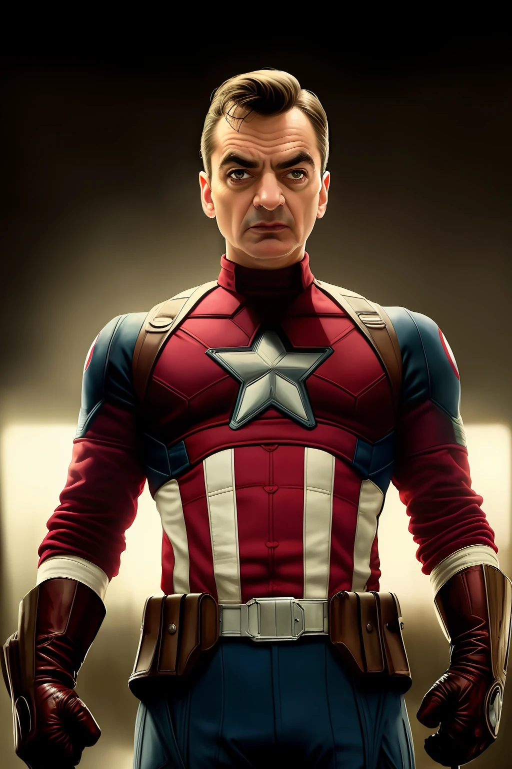 Tarantino style,Mr bean as Captain America 8k, high definition, detailed face, detailed face, detailed eyes, detailed suit, in style of marvel and dc, hyper-realistic, + cinematic shot + dynamic composition, incredibly detailed, sharpen, details + superb details + evening with light + perfectionism + award winning realism ((moody lighting)),(upper body)