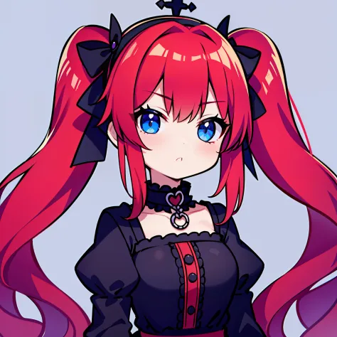 red hair, blue eyes, twintails, goth lolita, darkgoth, collar,crown tiara,pride,solo,loli,long hair,