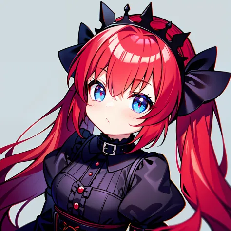 red hair, blue eyes, twintails, goth lolita, darkgoth, collar,crown tiara,pride,solo,loli,long hair,