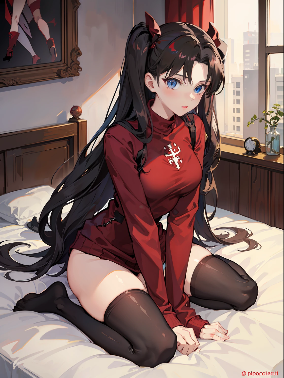 Anime girl in red dress sitting on bed with black hair - SeaArt AI