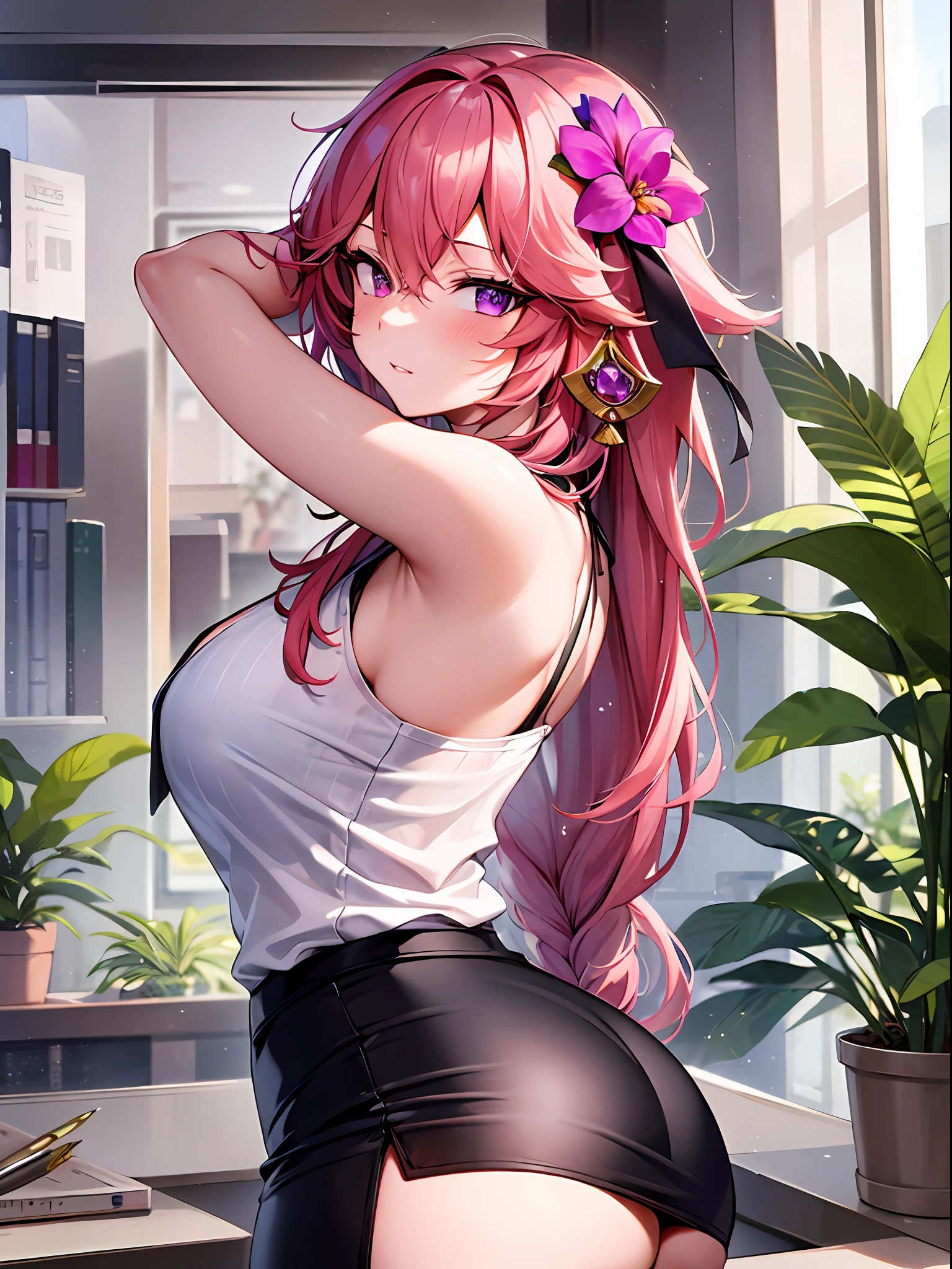 best quality, masterpiece, ultra-detailed hair, better lights, better shadows, miko yae,1girl, yae miko, breasts, skirt, pink hair, solo, long hair, large breasts, purple eyes, braid, ass, looking at viewer, hair ornament, sleeveless, hair flower, black skirt, shirt, indoors, looking back, bangs, bare shoulders, pencil skirt, thighs, mole under eye, sleeveless shirt, white shirt, blush, bare arms, office lady, plant, contemporary, parted lips, miniskirt, closed mouth, pantylines, standing, alternate costume, ribbed shirt, face the camera