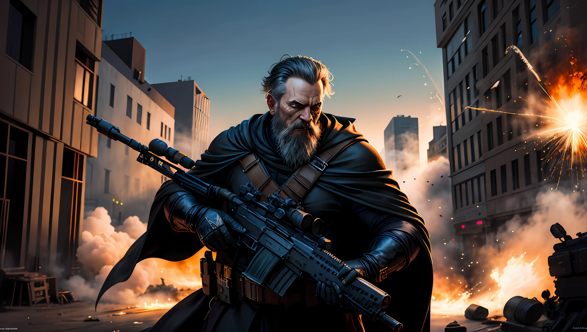 masterpiece, high quality, ultra high res, 1man, mid-age man, holding assault rifle,, wizard with black robe, detail face, explosion, energy, outdoors, city