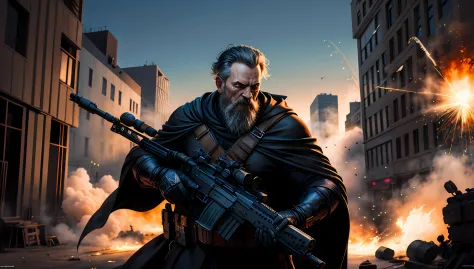 masterpiece, high quality, ultra high res, 1man, mid-age man, holding assault rifle,, wizard with black robe, detail face, explo...