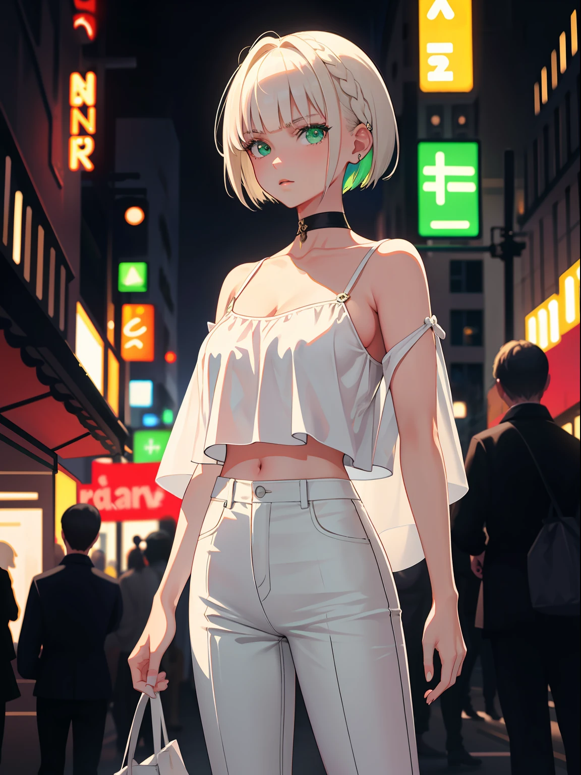 masterpiece, best quality, nsfw, 1girl, platinum blonde hair, short hair, green eyes, braids, small perky breasts, on the street, night, neon light, white t-shirt, braless, black pants, poker face, front view, standing, in crowd,