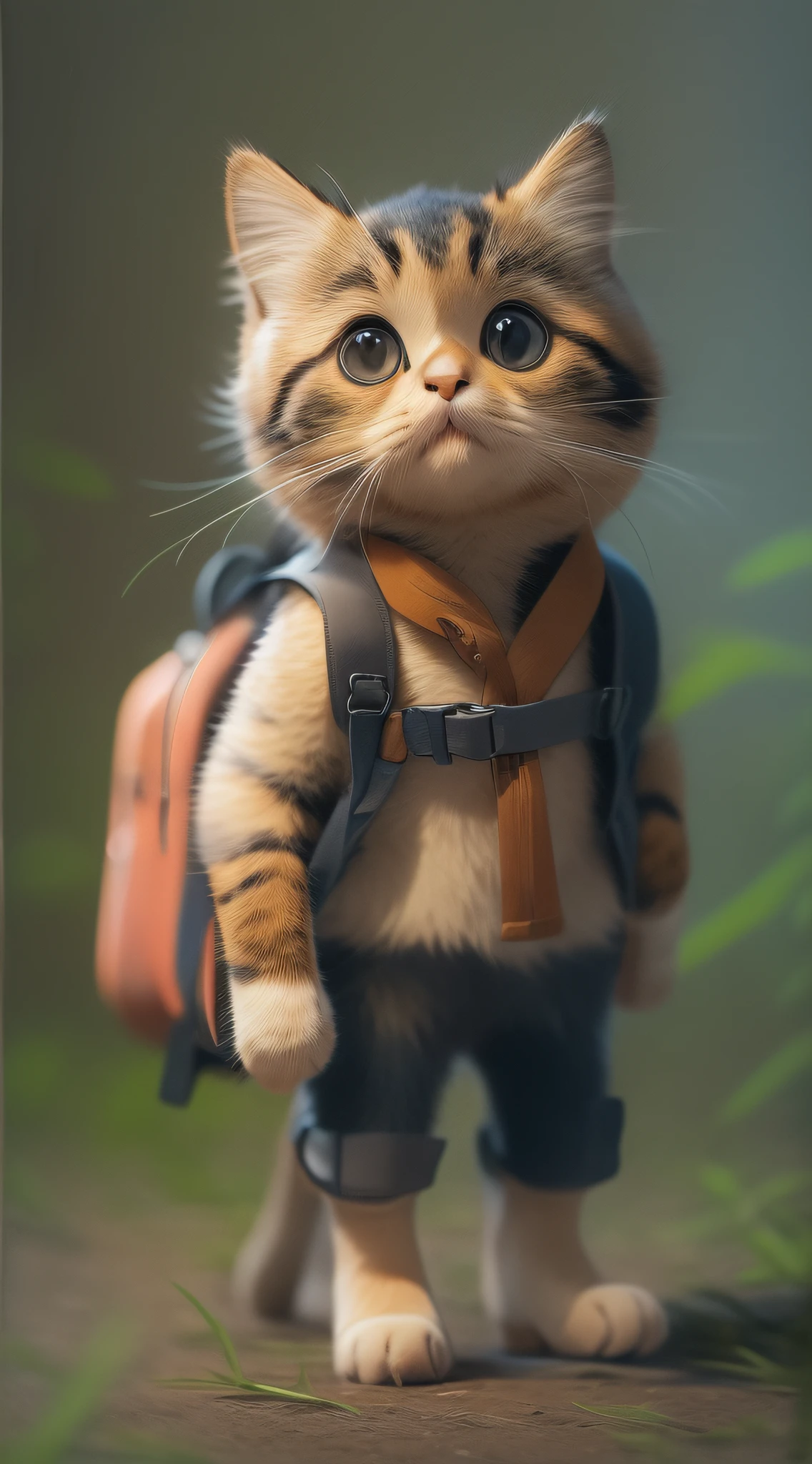 一隻可愛的小貓，穿衣服，背著背包，拖着行李箱走路