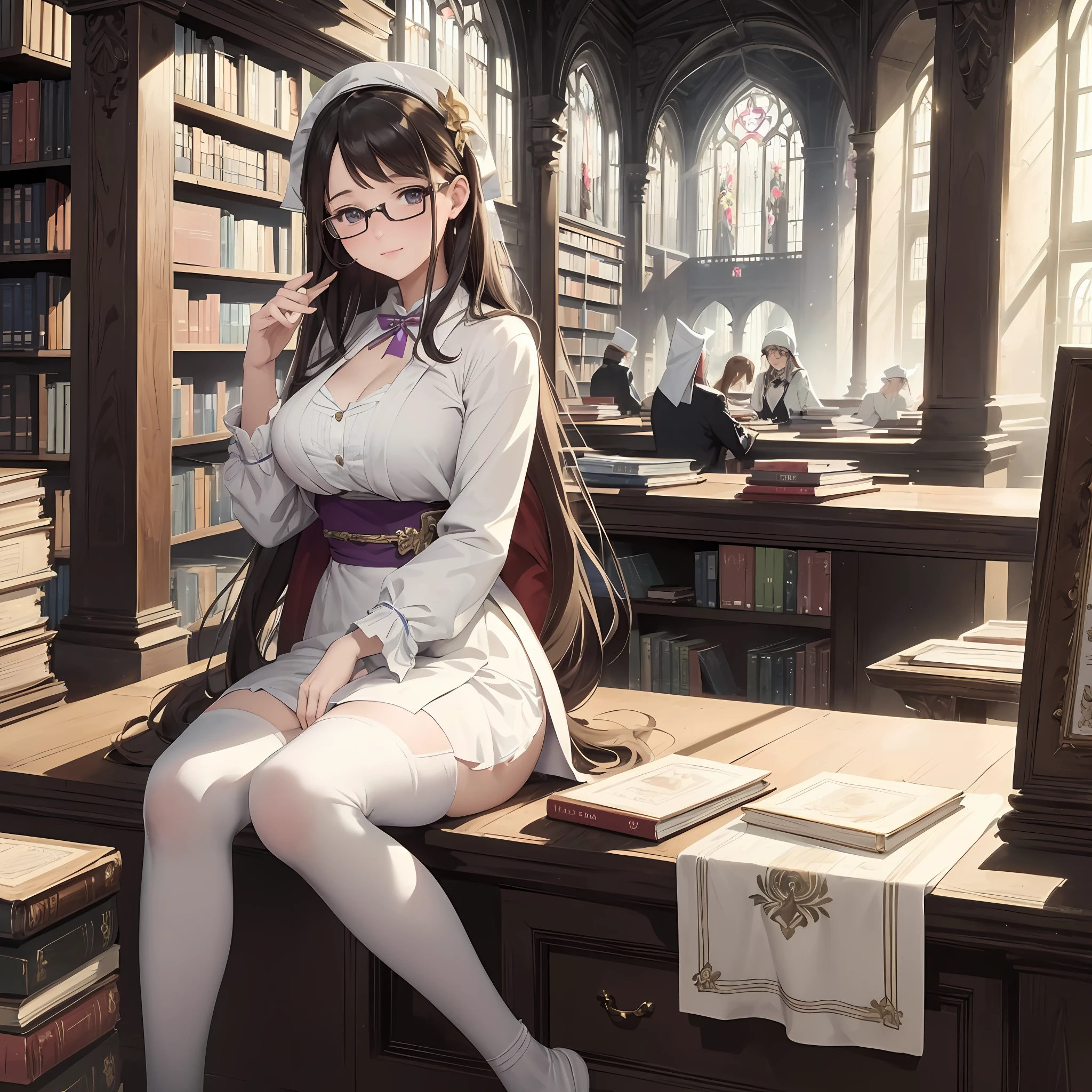 (8K),(Beautiful and Aesthetic Work: 1.5), (The best masterpieces: 1.5), (Highest Quality: 1.5), (Prestigious works: 1.5),(Cute librarian girl:1.5), (Traditional Libraries), Cool, animetic, busty, vivid color