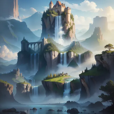Experience the magnificent scenery of a fantasy world with towering hot springs and huge waterfalls in a huge castle、Drawn with technology in the future world、Generate masterpiece CG images of the highest quality、Expressing the beauty and superb scenery of...