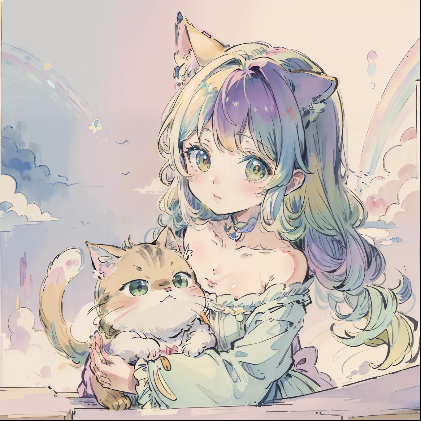 Yumekawa 、Cute as a dream、a pale、Moya、(​masterpiece、top-quality、top-quality、watercolor paiting(Curly)、Take a cute cat、Official art、Beautifully Aesthetic:1.2)、(a beauty girl:1.3)、patterns、(rainbow-colored hair、colourful hair:1.2)、Soap bubbles、Rainbow behind、​​clouds、colourfull、Soap bubbles、Hair spreads throughout、kawaii、pastels、Large ribbon、Lovely room、Rainbow Cat Plush Toy