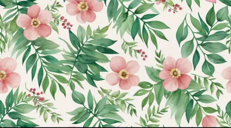 Watercolor pattern of beautiful flowers, berries, ferns, Leaves, Calm colors in #3b4195 color background. Watercolor paper texture.
