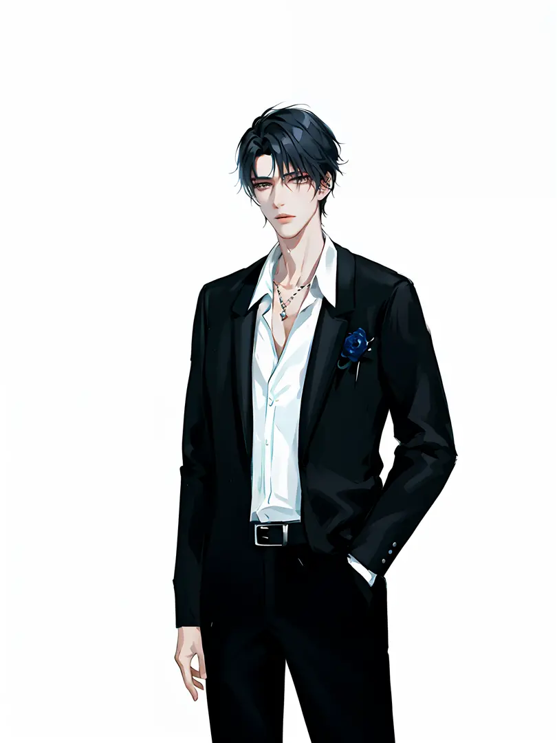 anime man in a black suit and a white shirt with a tie, delicate androgynous prince, beautiful androgynous prince, inspired by b...