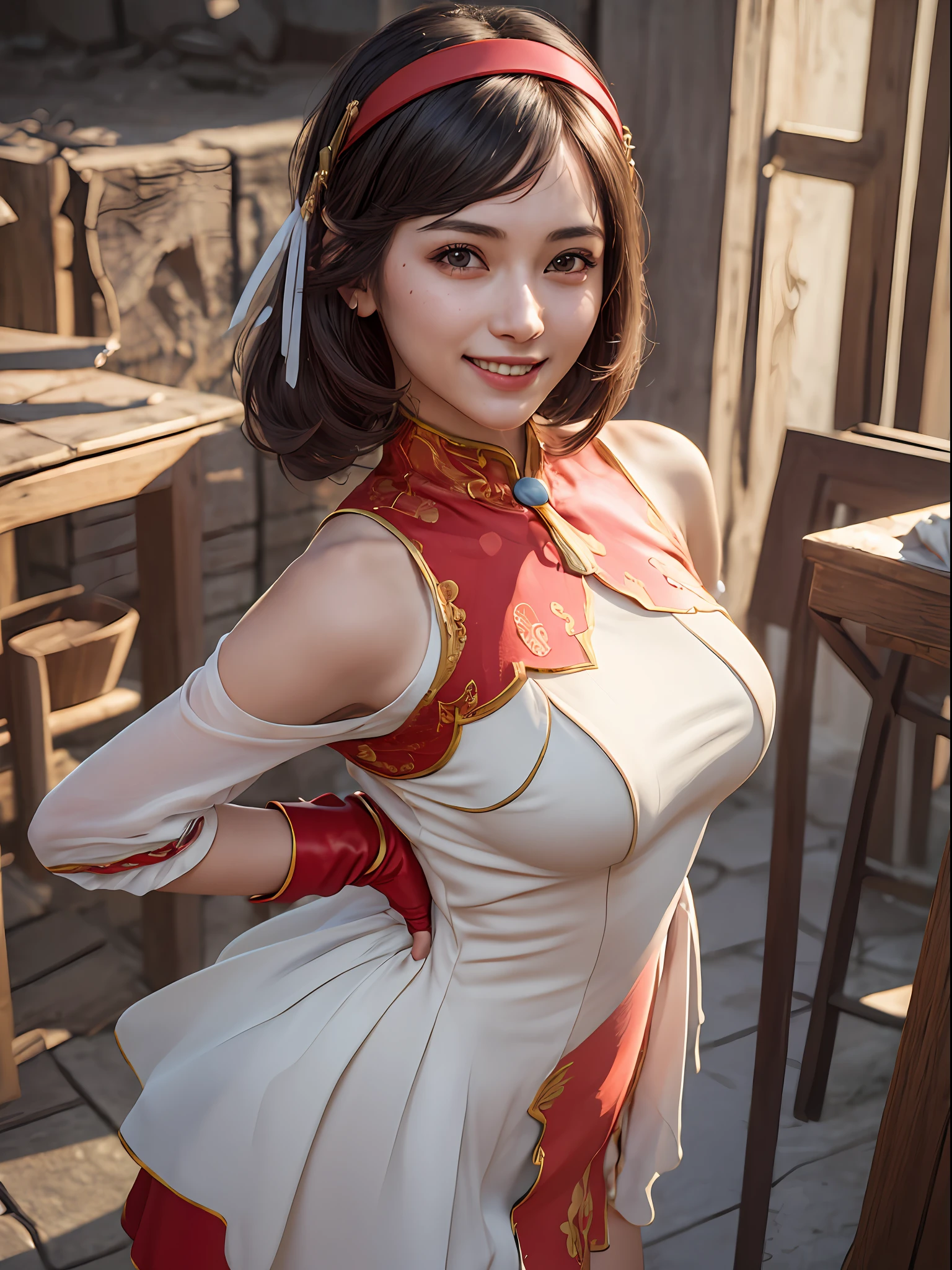 (masterpiece, best quality:1.4), (full body), (wide shot), 1girl, solo, stunning girlfriend, (standing:1.1), 1girl, solo, athenams, hairband, chinese clothes, red dress, gloves, hair ornament , bare shoulders, heart shaped face, elegant face, beautiful face, highly detailed face, highly detailed skin, skin pores, subsurface scattering, realistic pupils, medium breast, loving smile, detailed background, depth of field, atmospheric perspective, volumetric lighting, sharp focus, absurdres, realistic proportions, good anatomy, (realistic, hyperrealistic:1.4), 16k hdr,