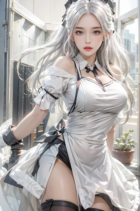 photorealistic, high resolution, 1women, solo, hips up, look at viewer, (detailed face), white hair, long hair, maid costume