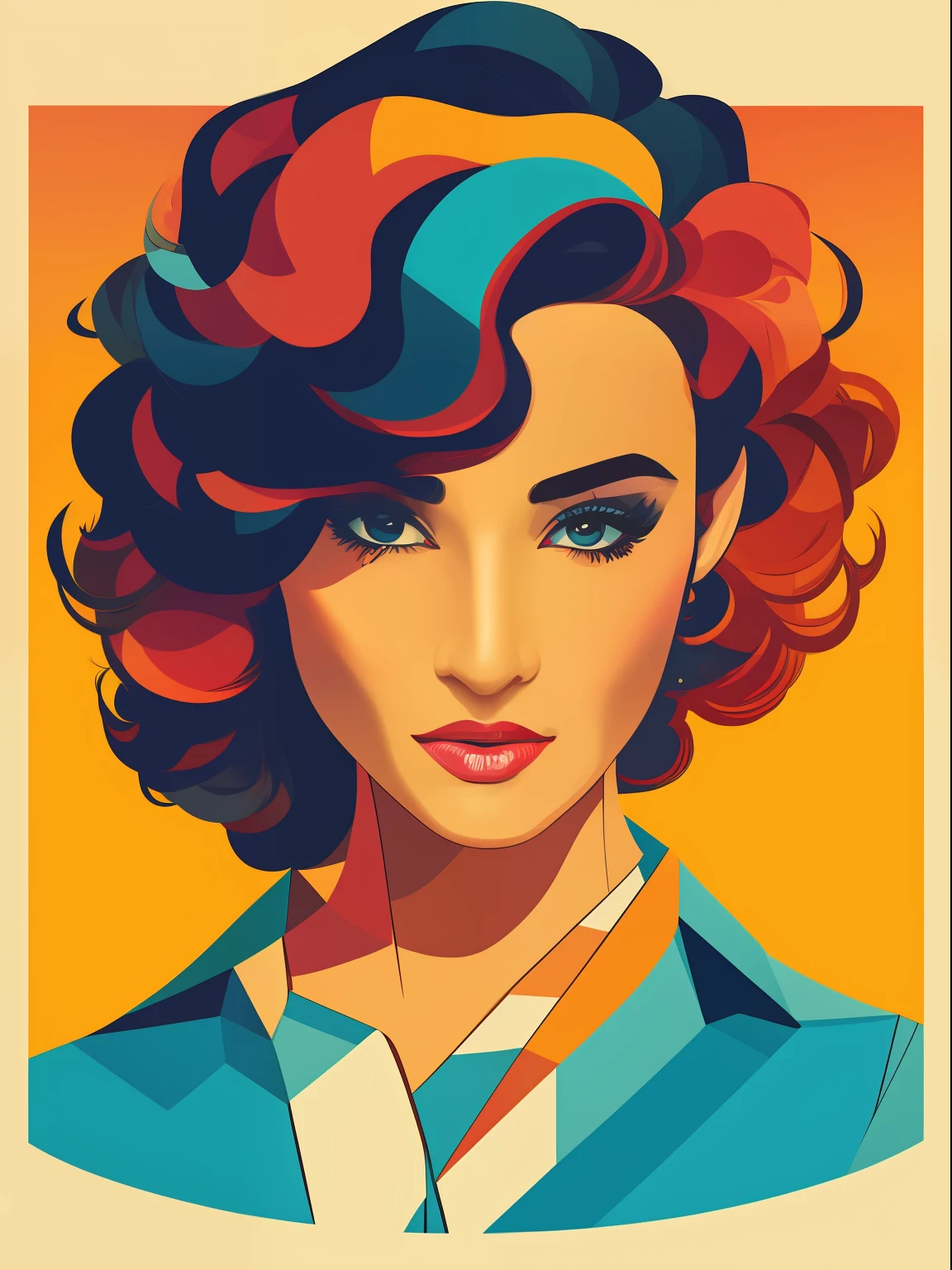 Geometric vector art vintage pop art warm color big solid color girl upper body closeup face short hair curly hair warm color