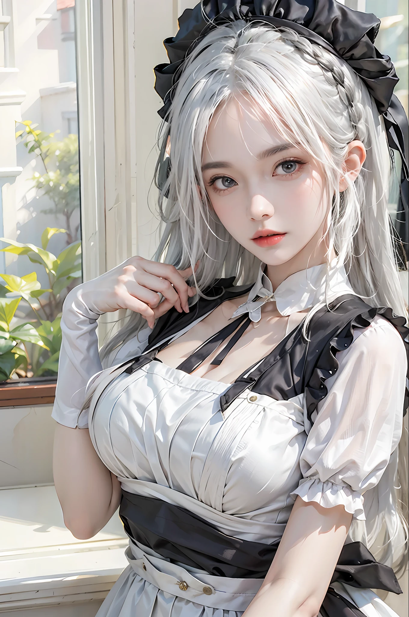 photorealistic, high resolution, 1women, solo, hips up, look at viewer, (detailed face), white hair, long hair, maid costume